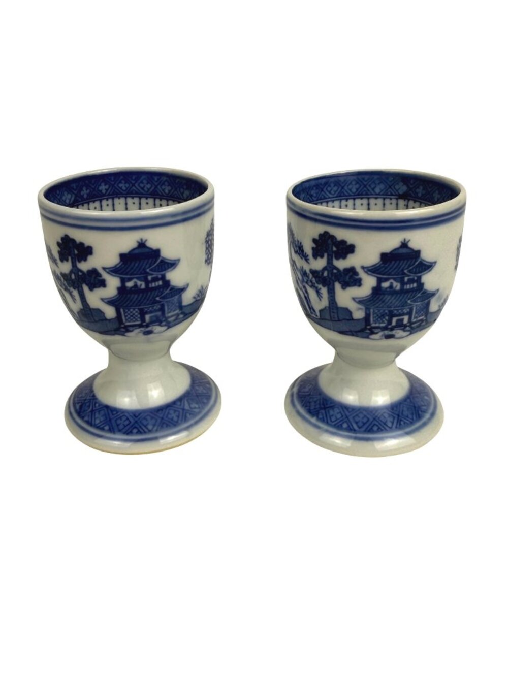 Pair of 2 Porcelain Blue & White Transferware Pagoda Footed Egg Cups